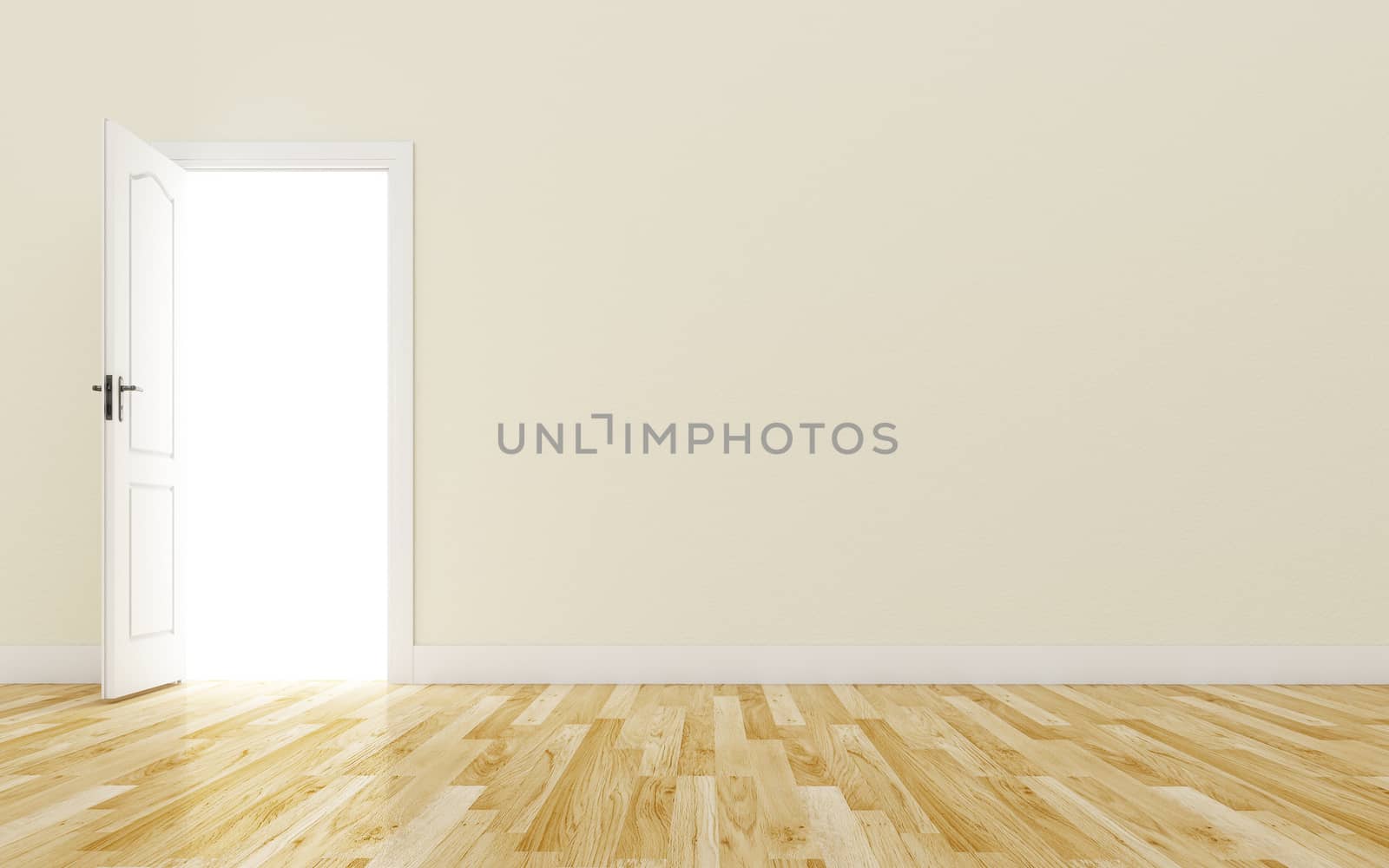 Opened White Door on brown Wall, Wood Floor by teerawit