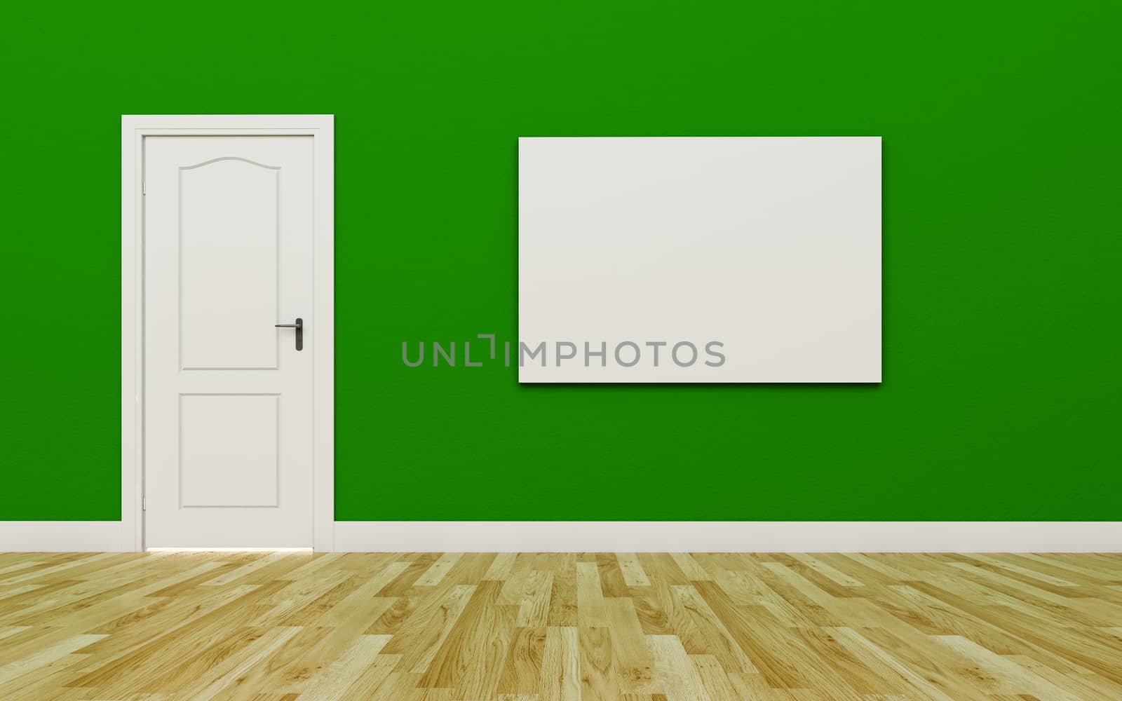 Closed White Door on Green Wall , One blank poster , Wood Floor by teerawit