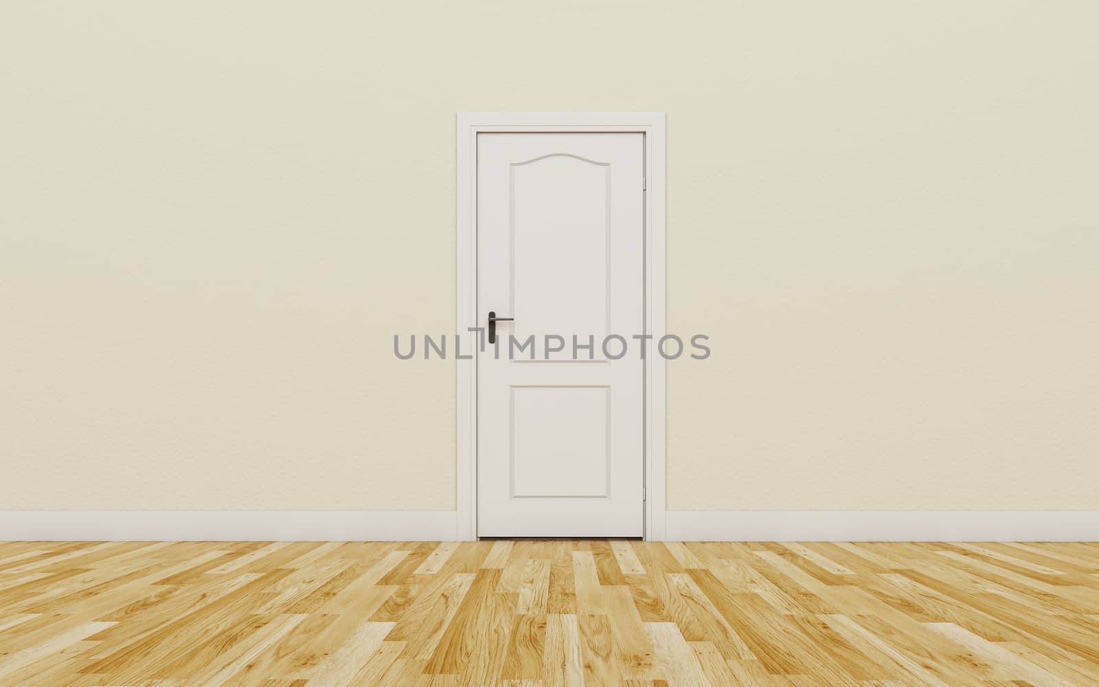 Closed White Door on brown Wall, Wood Floor by teerawit