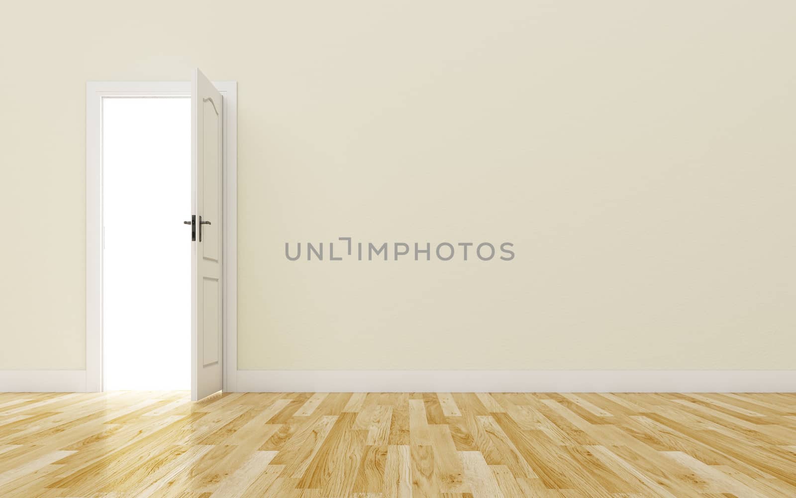 Opened White Door on brown Wall, Wood Floor by teerawit