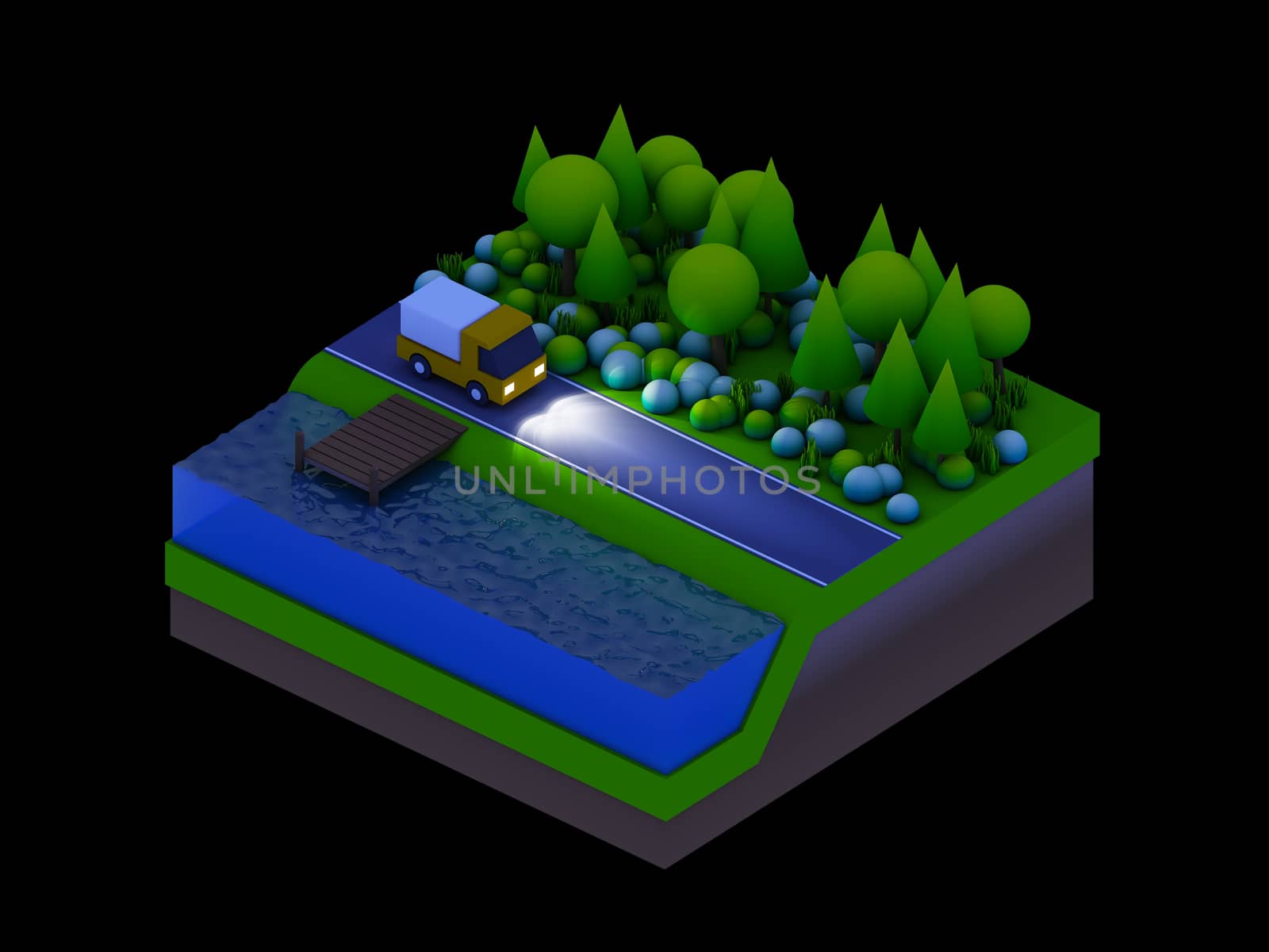  isometric city buildings, landscape, Road and river, night scene