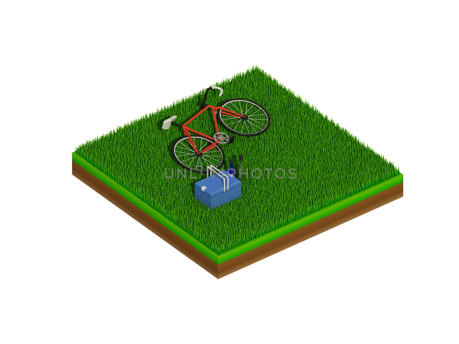 isometric blue bicycle on green grass