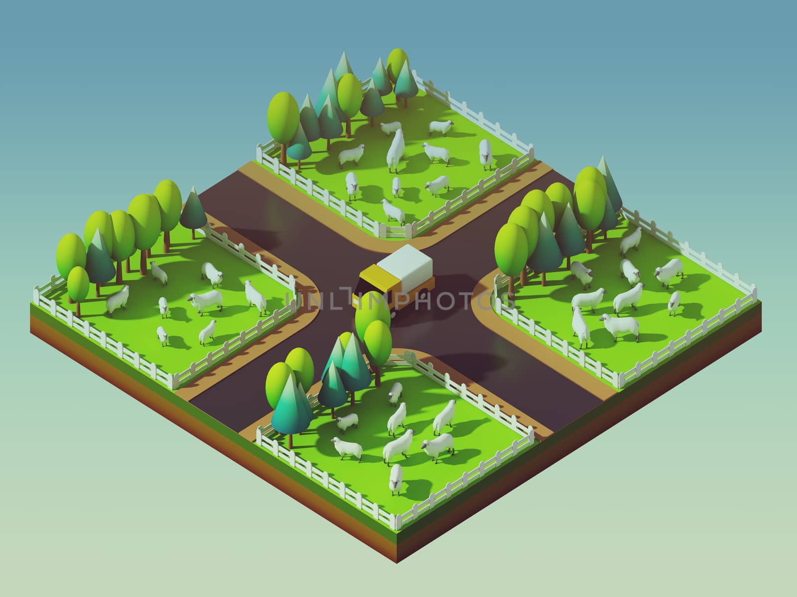 Sheep in the landscape, isometric view