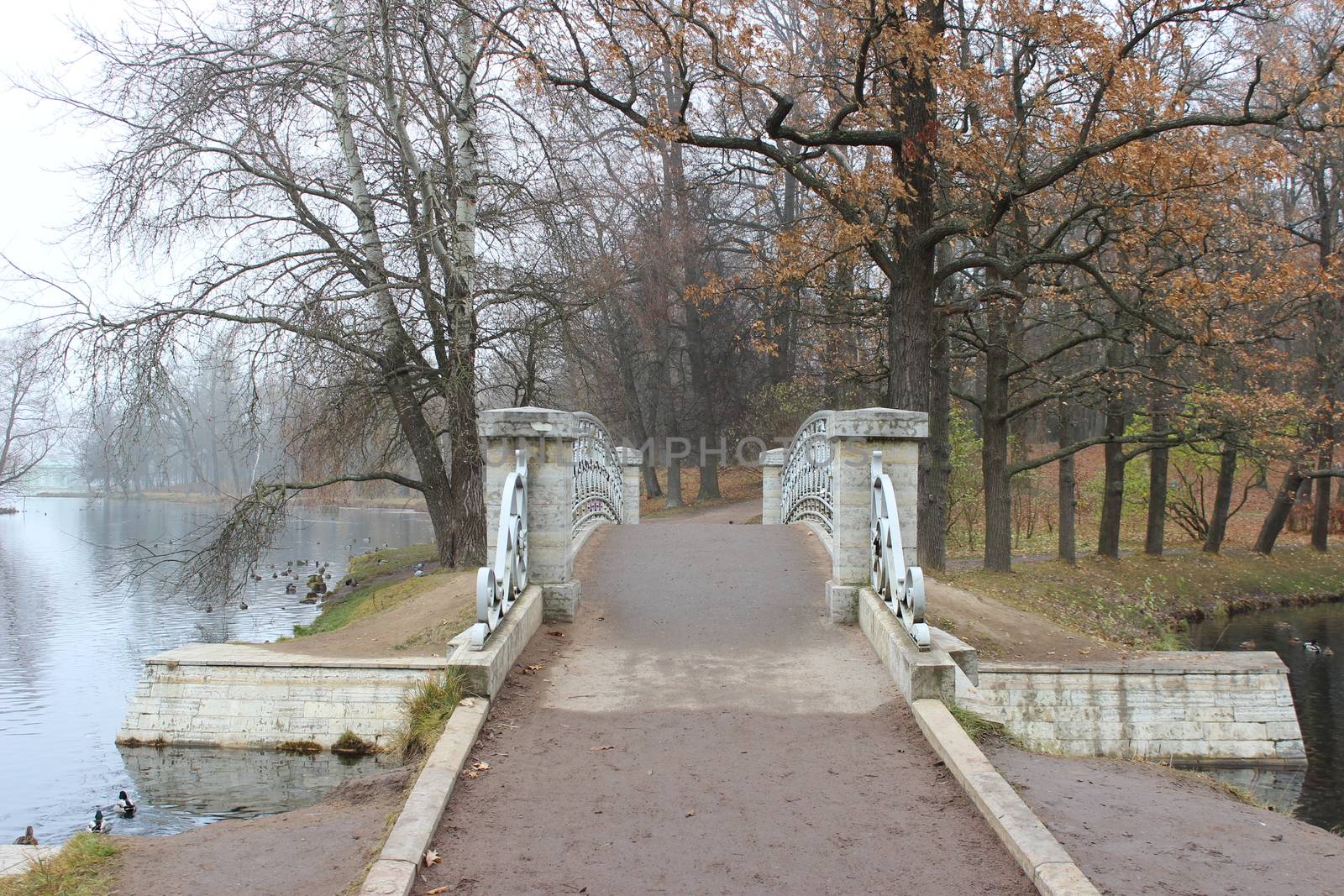 Metal bridge at White Lake in Gatchina