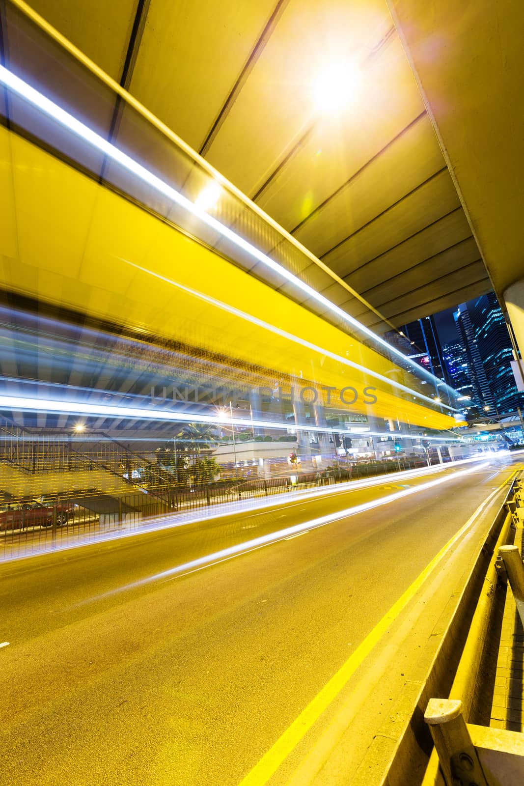 Hong Kong modern landmark building of city road light trail