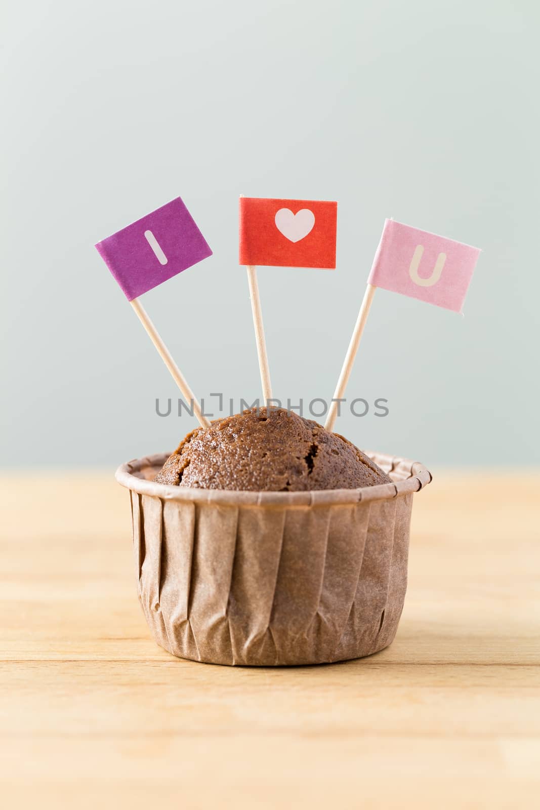 Chocolate muffins with small flag of I Love you