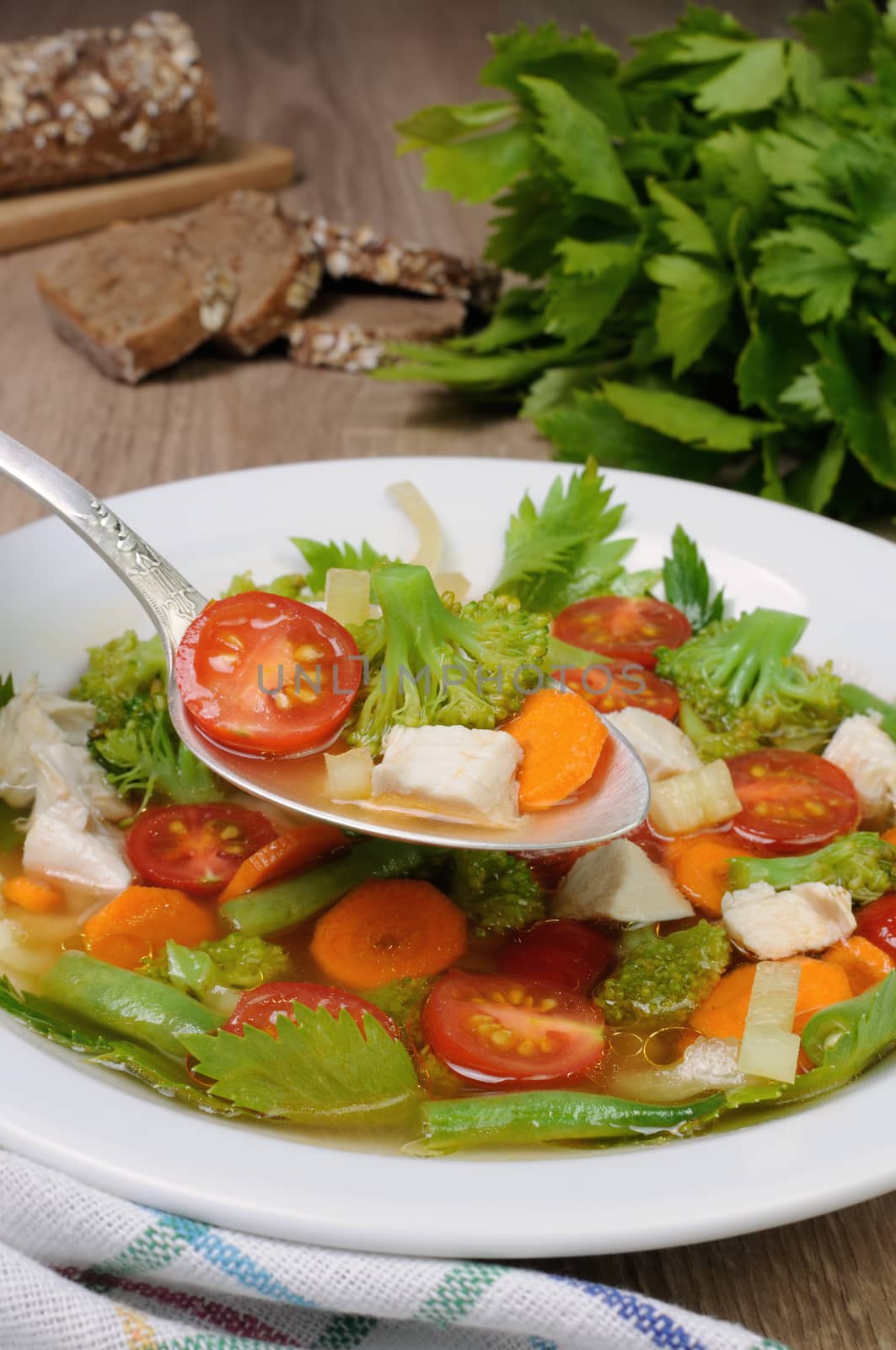 Vegetable soup with chicken, green beans, broccoli