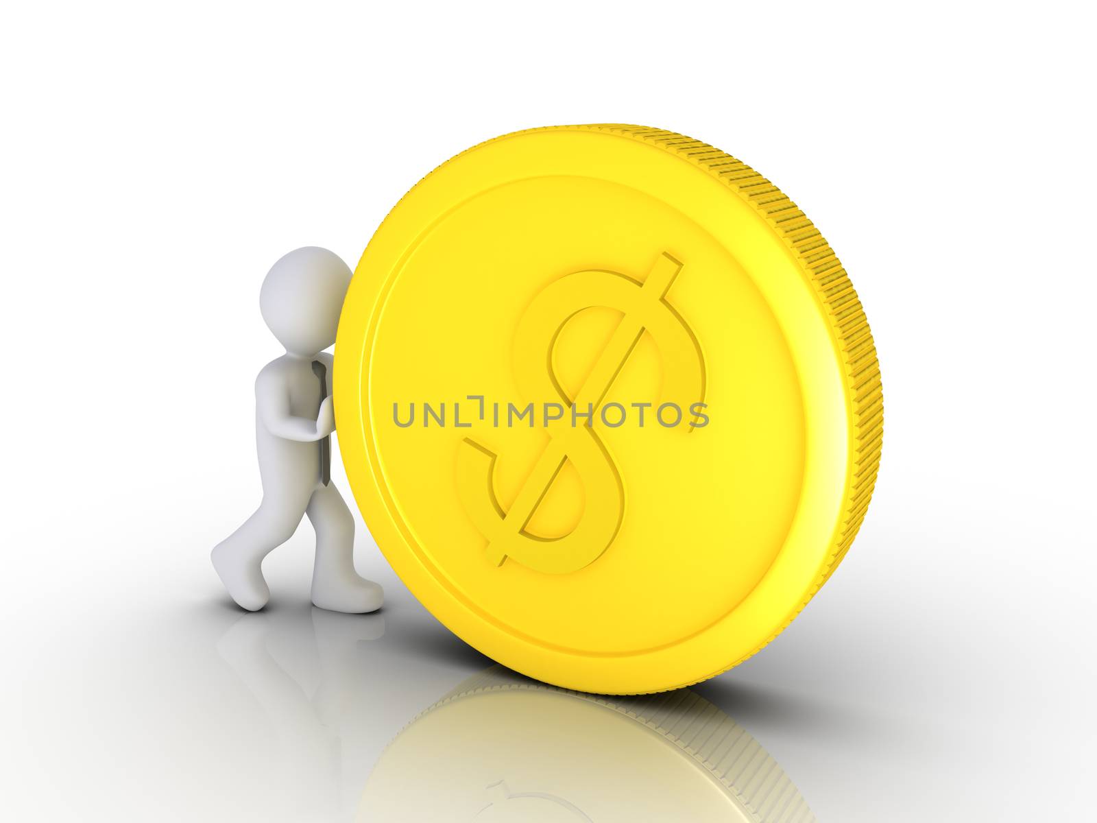 Businessman is pushing a big dollar coin