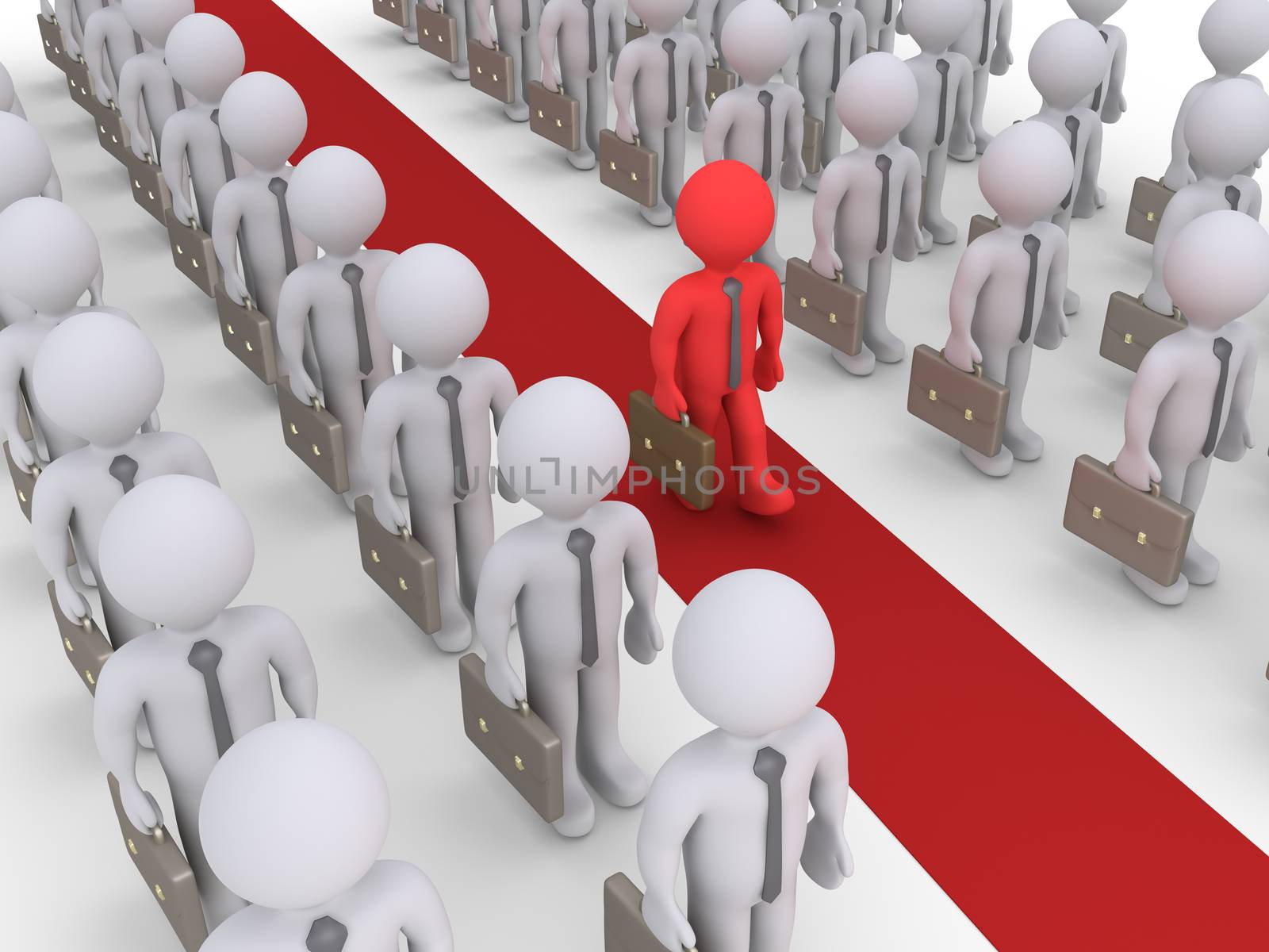 Businessmen are standing in rows but one is walking on a red path