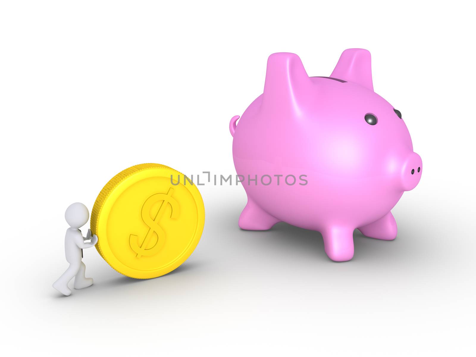 Businessman is pushing a big dollar coin towards a pig money box