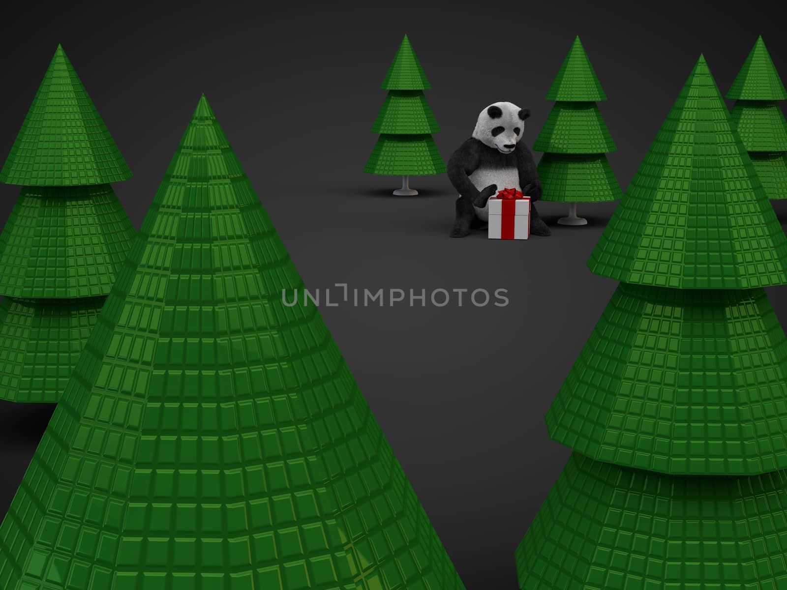 render illustration panda fluffy furry teddy bear sitten between christmas trees and opens white gift box with red ribbon knot bow tie three dimensional spruce new year forest bear character on dark