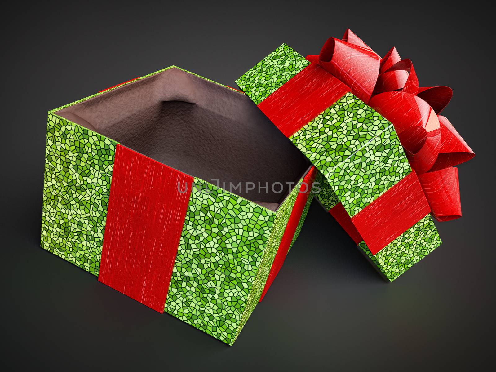 green gift box with mosaic pattern opened on dark background. present, presentation, bounty, donative, pledge removed opened cover red bow-knot ribbon isolated on black high perspective view