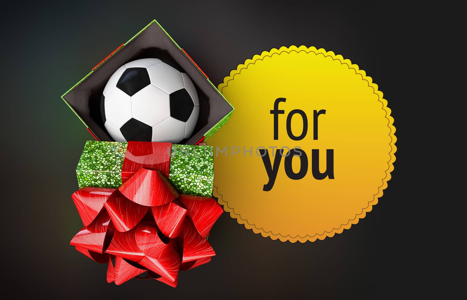 soccer ball at shiny gift box green mosaic texture top view. cover decorated beautiful red bow open and placed next container. near present is patterned label empty space place congratulatory text