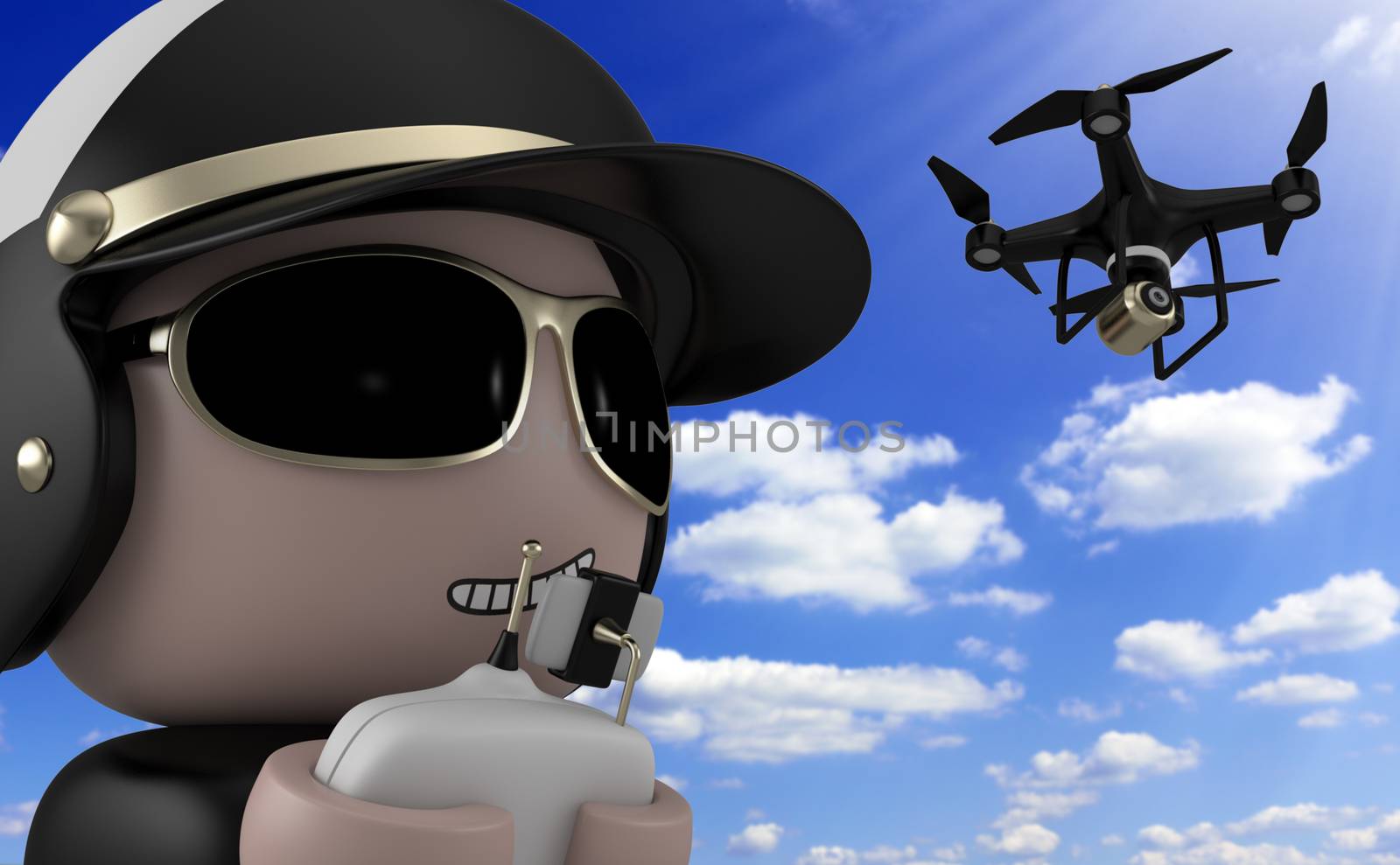 Policeman operating a drone with remote control against blue sky. Clipping path included.