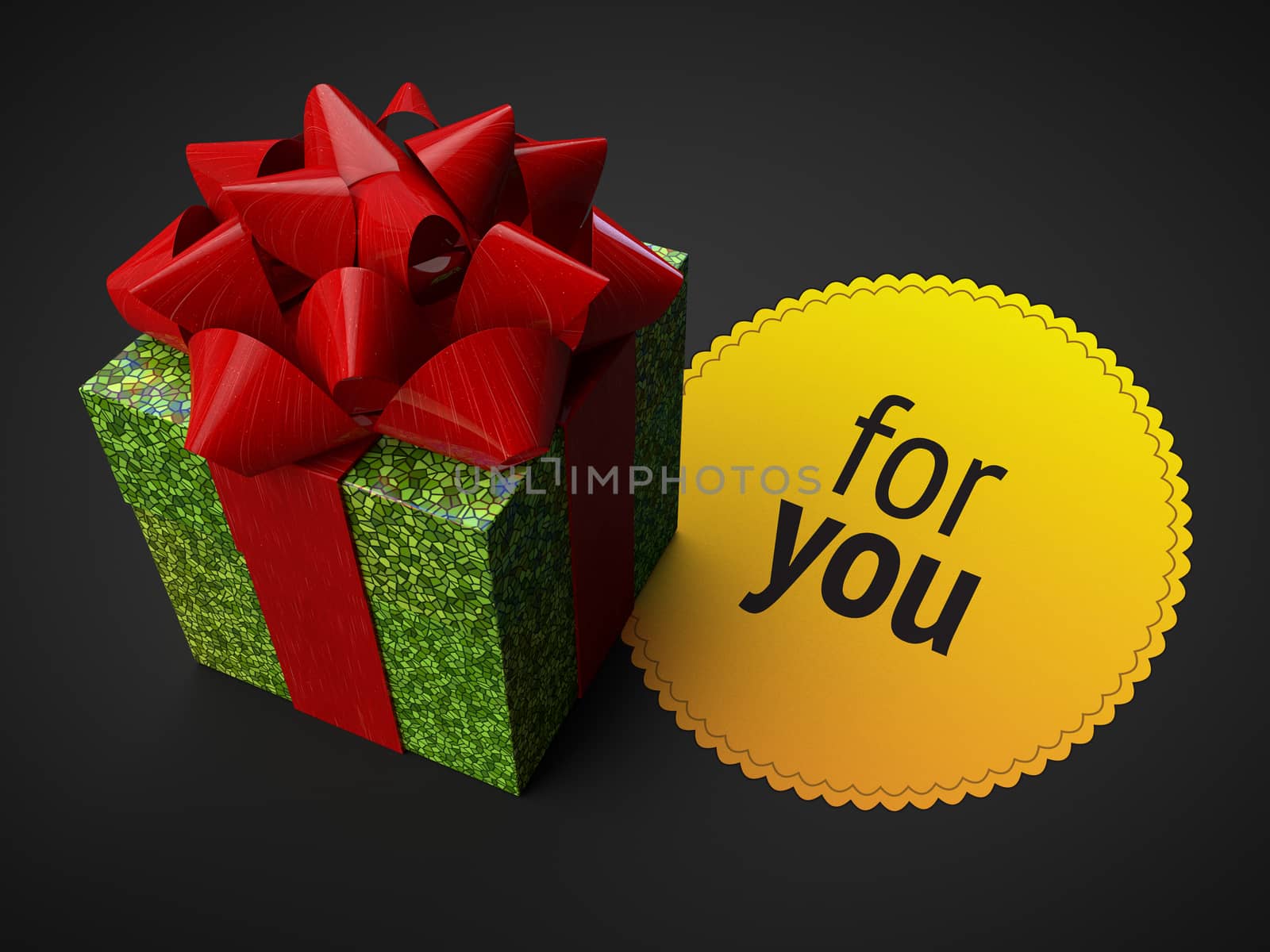 shiny giftbox ribbon yellow badge dark background isolated render by xtate