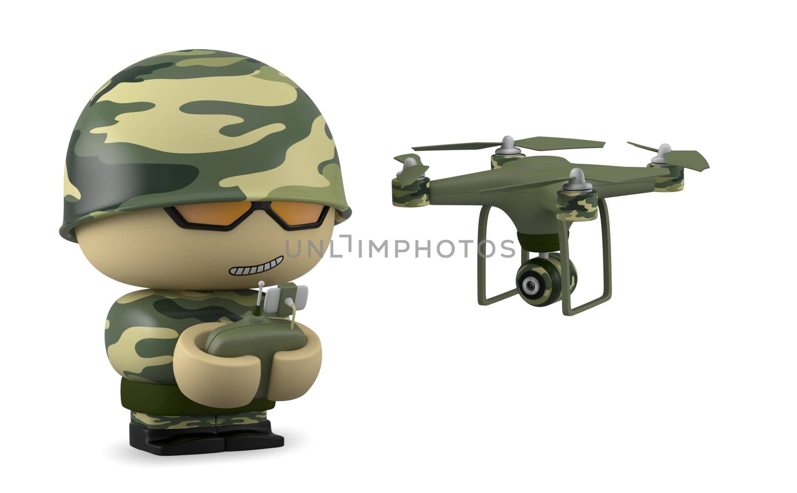3D Cartoon character. Soldier operating a drone with remote control. Isolated on white background with clipping path.