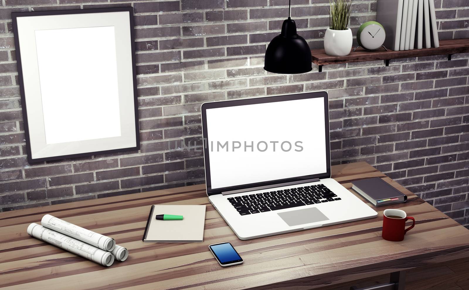 Mock up modern office workspace - 3d illustration.