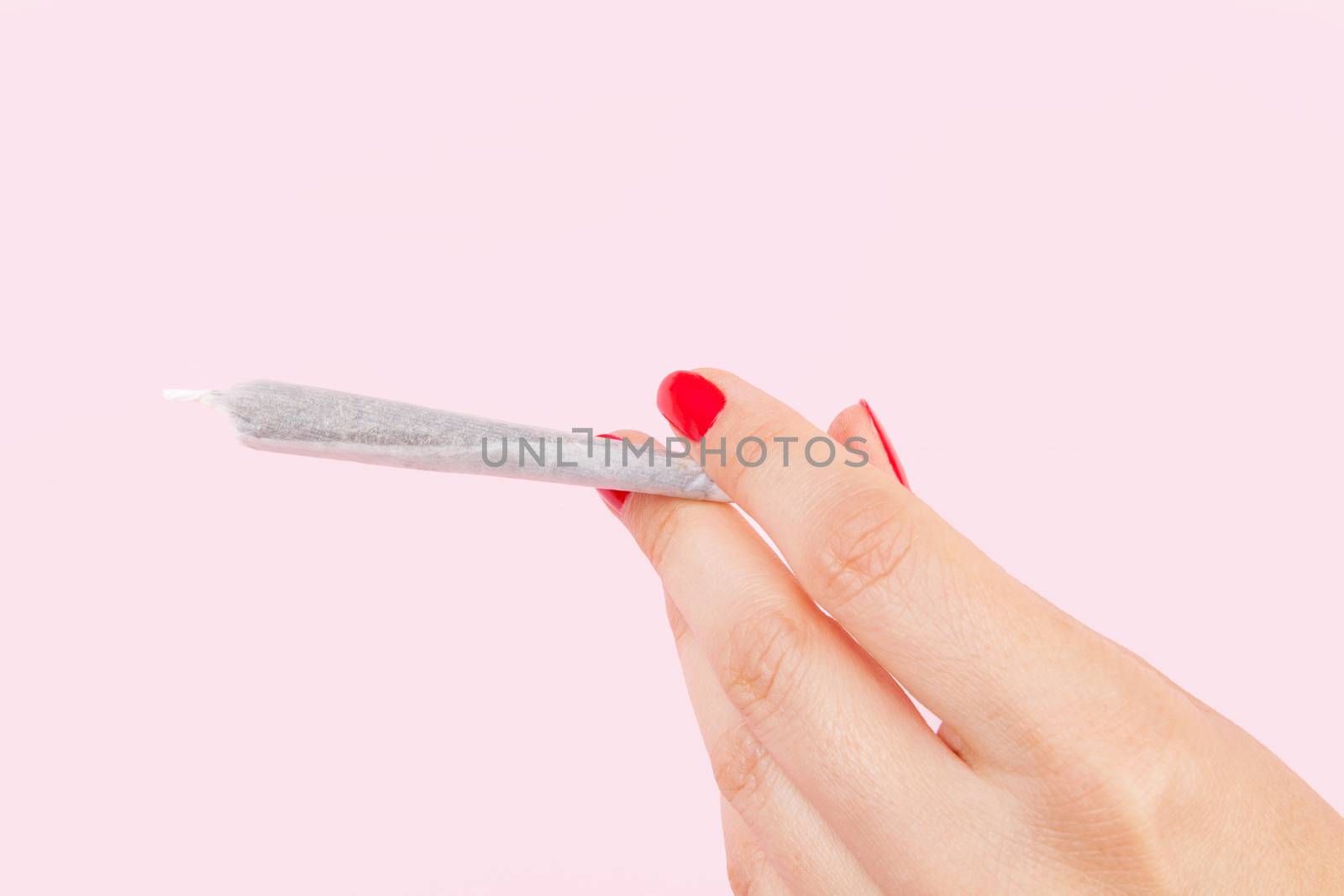 Female hand with red fingernails holding cannabis joint isolated on pink background. Female marijuana abuse.
