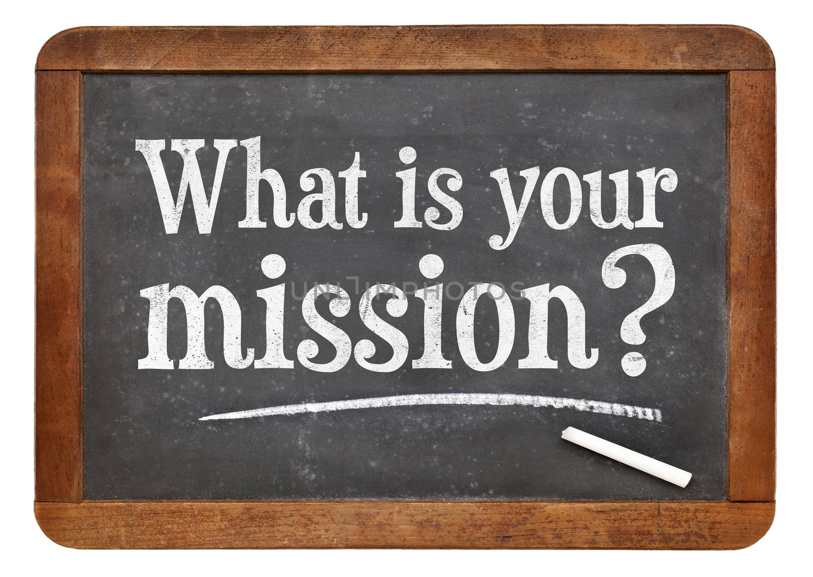 What is your mission? A question in white chalk  on a vintage slate blackboard