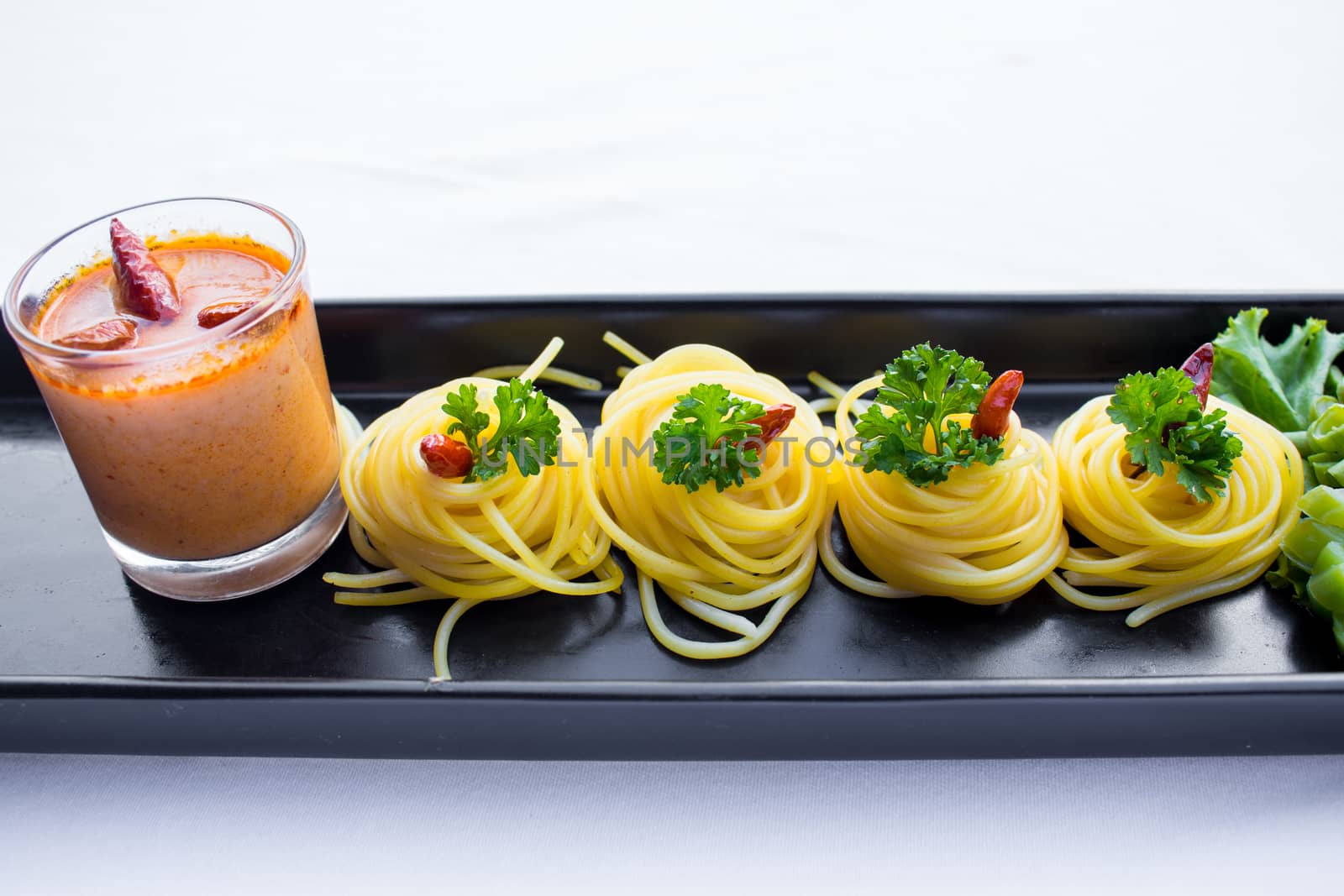 Spaghetti garlic oil and red chili pepper by nopparats