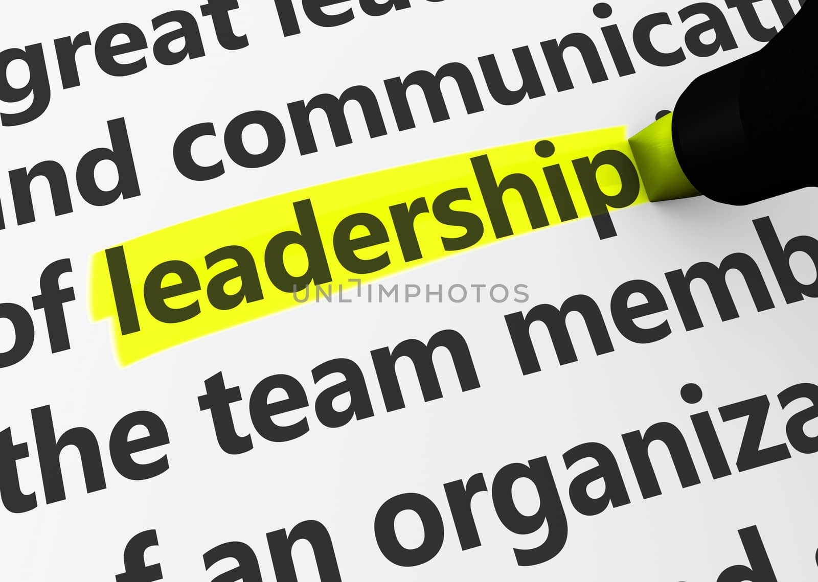 Leadership concept with a 3d rendering of business related words and leadership text highlighted with a yellow marker.