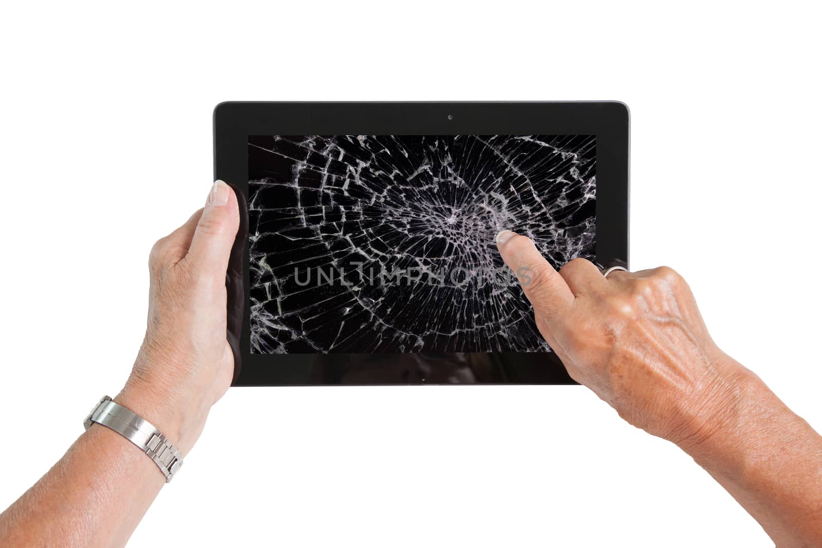 Senior lady with tablet, cracked screen by michaklootwijk