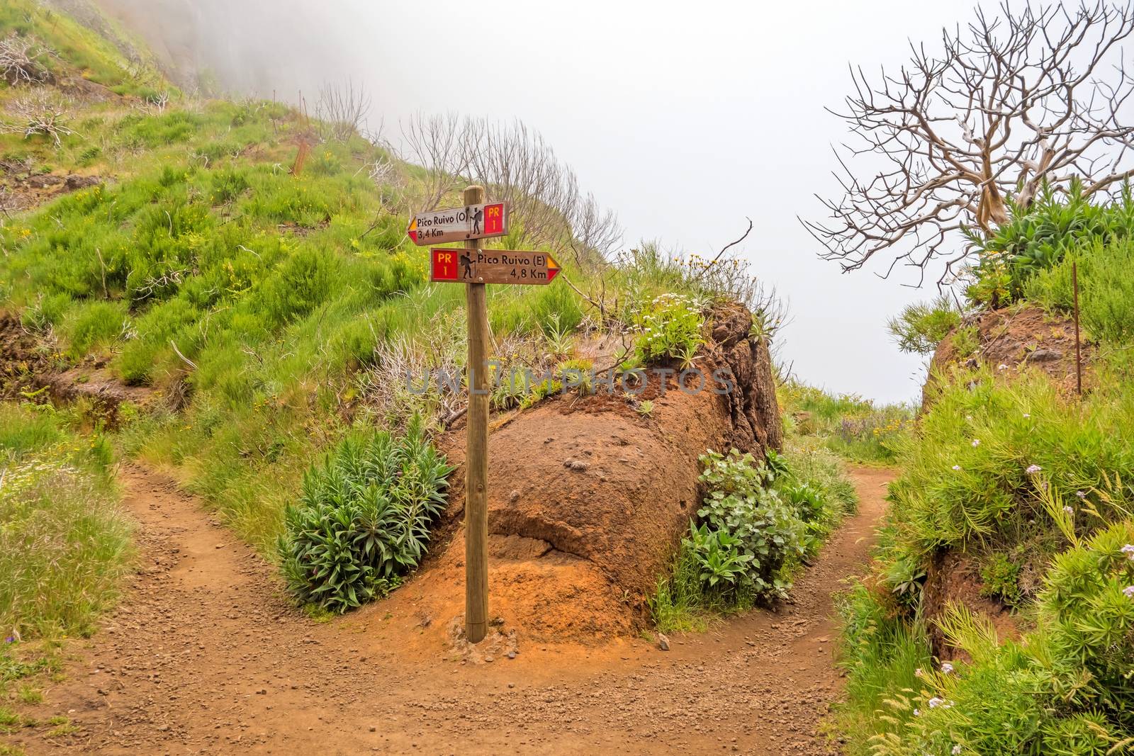 Hiking trail passage from mountain Pico Arieiro to Pico Ruivo, Madeira - signpost showing alternatives routes