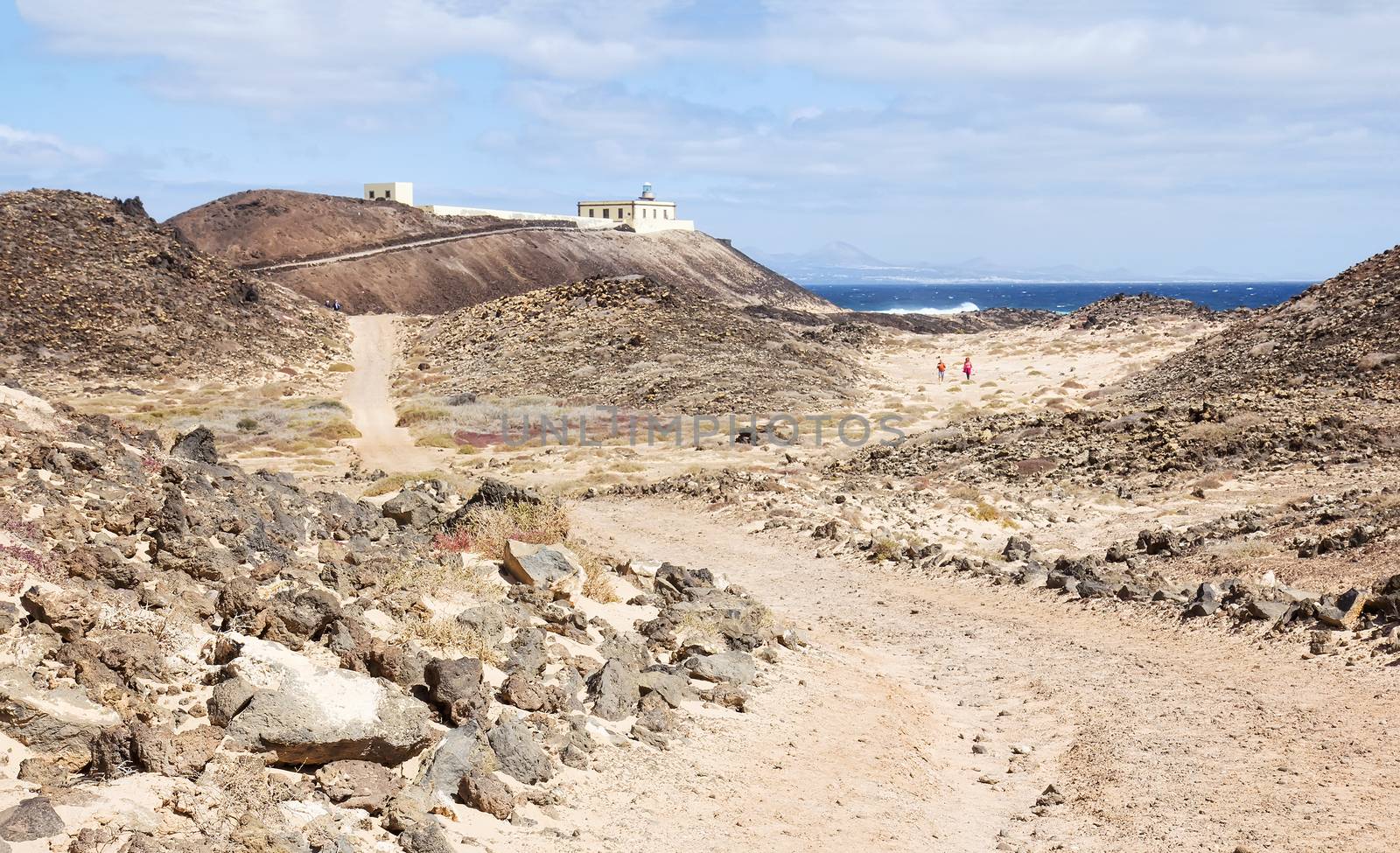 Faro de Punta Martiño or  Punta Martino lighthouse on the island of Lobos or Wolves Island, situated two kilometres north of the island of Fuerteventura, Canary Islands, Spain.