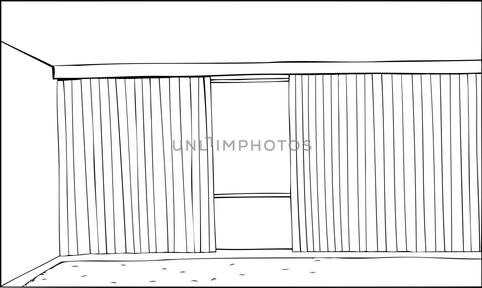 Cartoon outline of room with half open vertical blinds