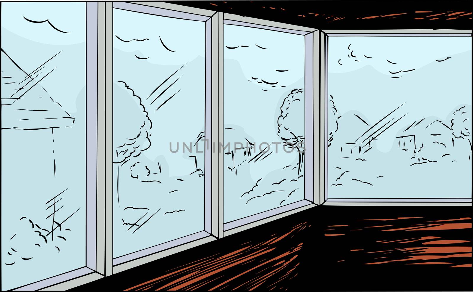 Background illustration of view through windows of neighborhood