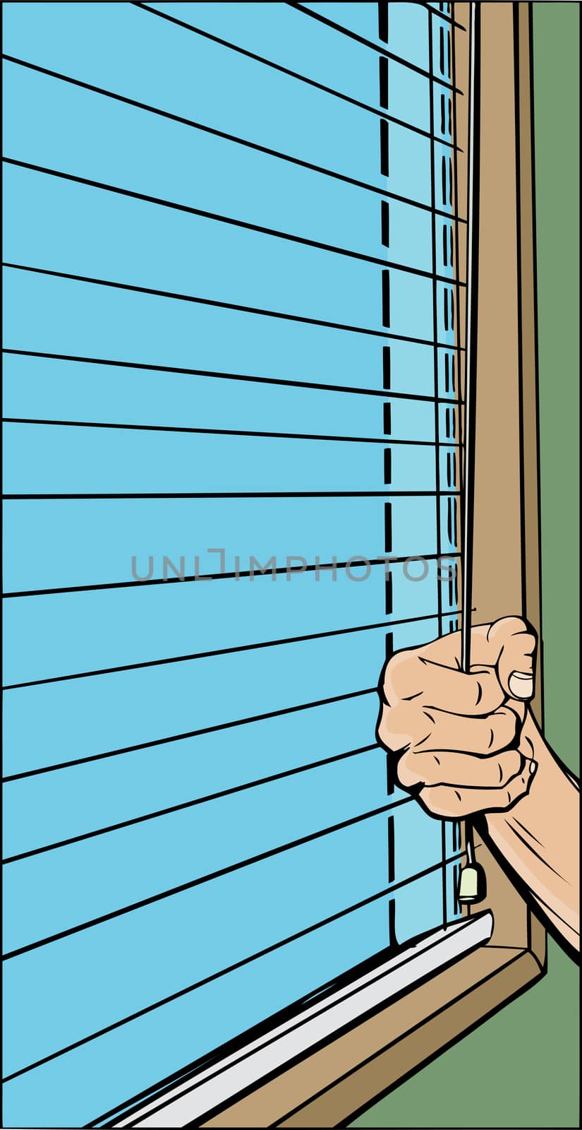 Cartoon of hand opening blinds over window