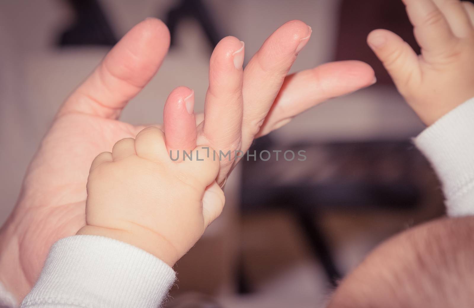 newborn baby hand playing with adult finger, maternity concept, love image beautiful family