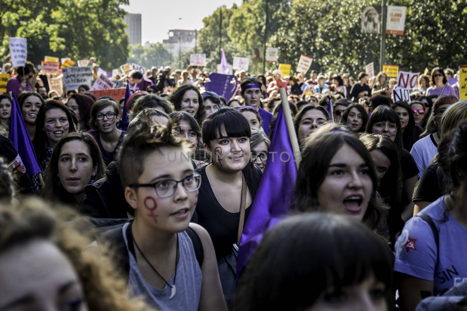 SPAIN, Madrid: Thousands of protesters from across Spain march through Madrid on November 7, 2015 in a rally against gender violence. In Spain, more than 1,390 women have reportedly been murdered by male attackers since 1995; this year, 84 cases involving the murder of women by men have been reported thus far.