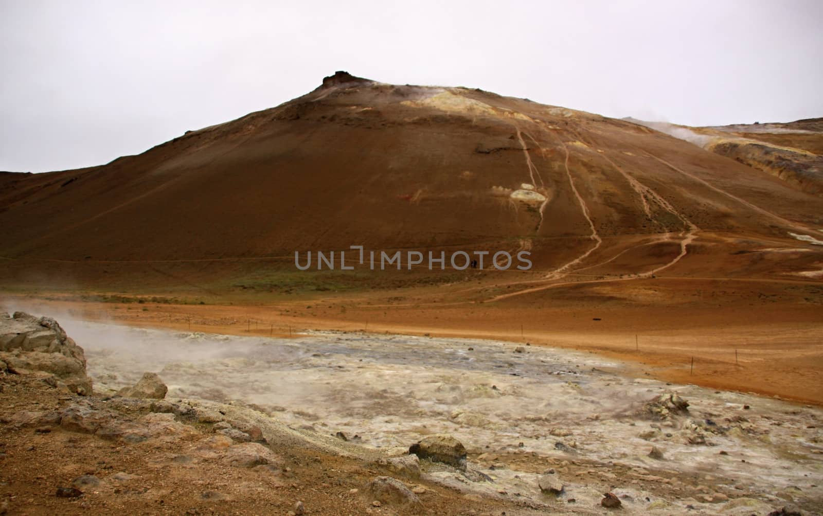 Hot river and coloured mount with small volcano,Iceland