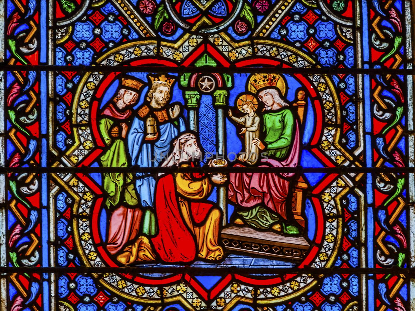Three Kings Mary Jesus Christ Stained Glass Notre Dame Cathedral Paris France.  Notre Dame was built between 1163 and 1250AD.  