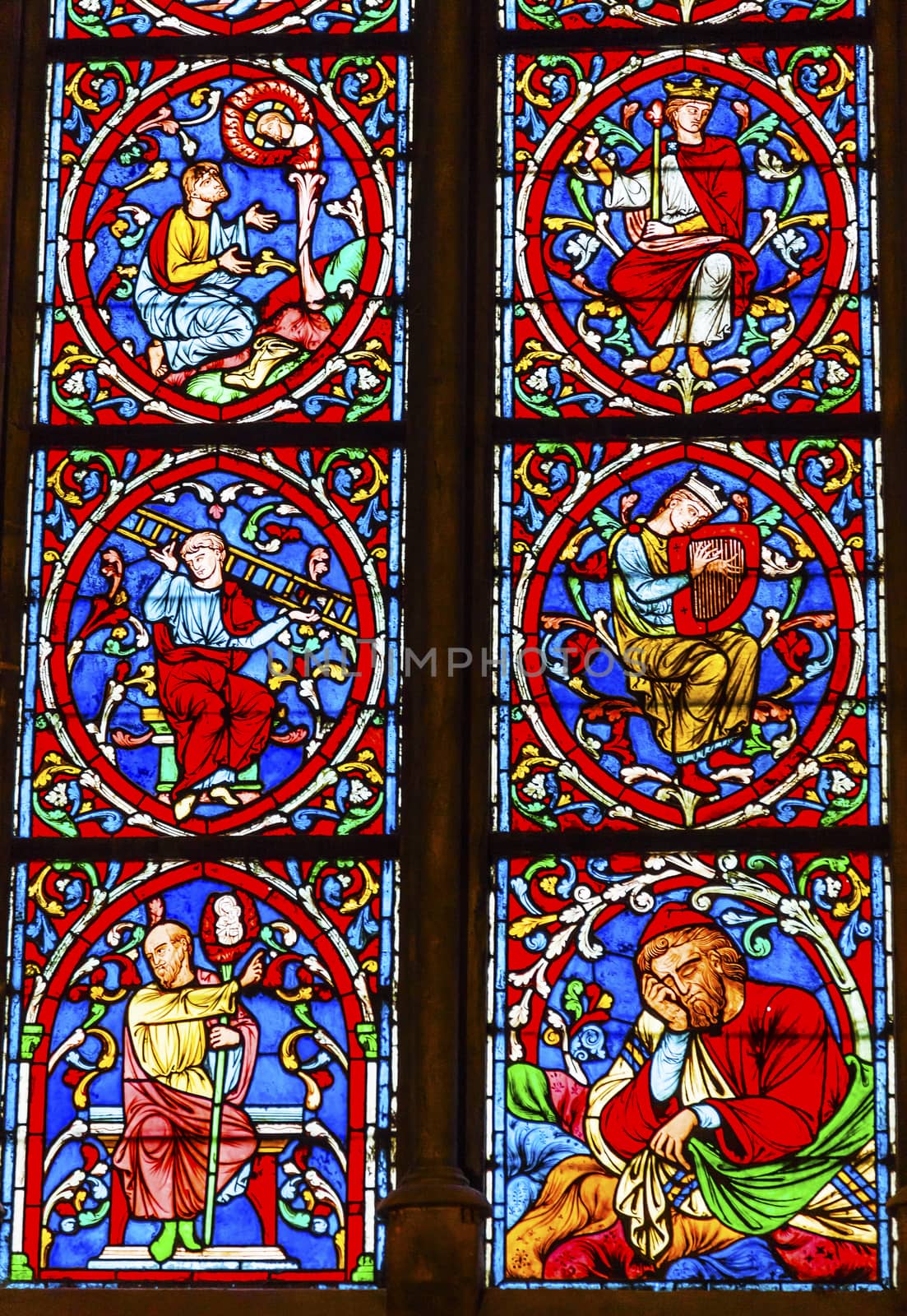 Many Kings Medieval Stories Stained Glass Notre Dame Cathedral Paris France.  Notre Dame was built between 1163 and 1250AD.  