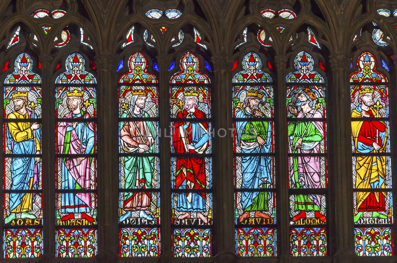 Kings Stained Glass Notre Dame Cathedral Paris France.  Notre Dame was built between 1163 and 1250AD.  