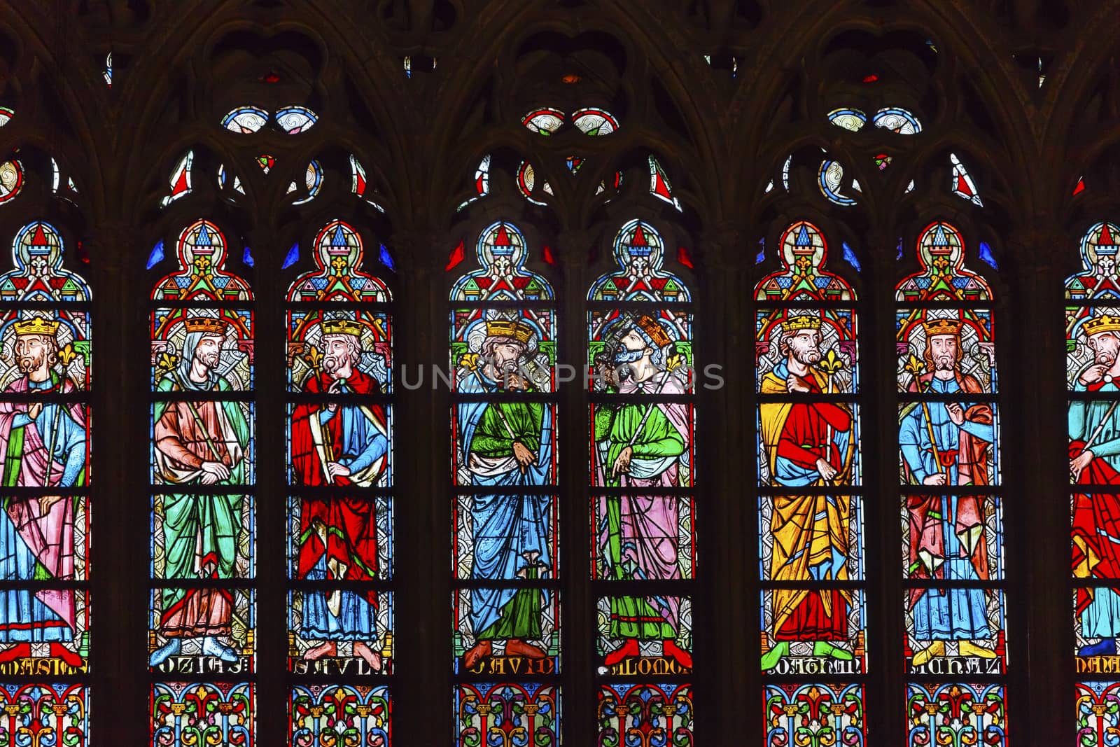 Kings Stained Glass Notre Dame Cathedral Paris France.  Notre Dame was built between 1163 and 1250AD.  