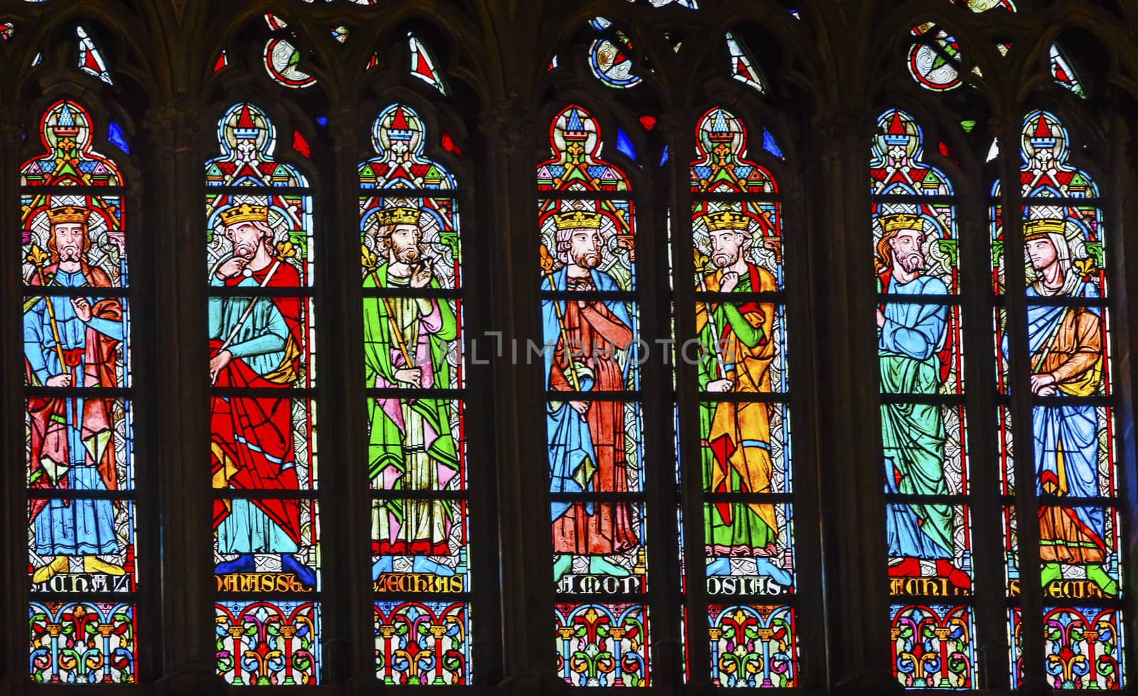 Kings Stained Glass Notre Dame Cathedral Paris France.  Notre Dame was built between 1163 and 1250AD.  