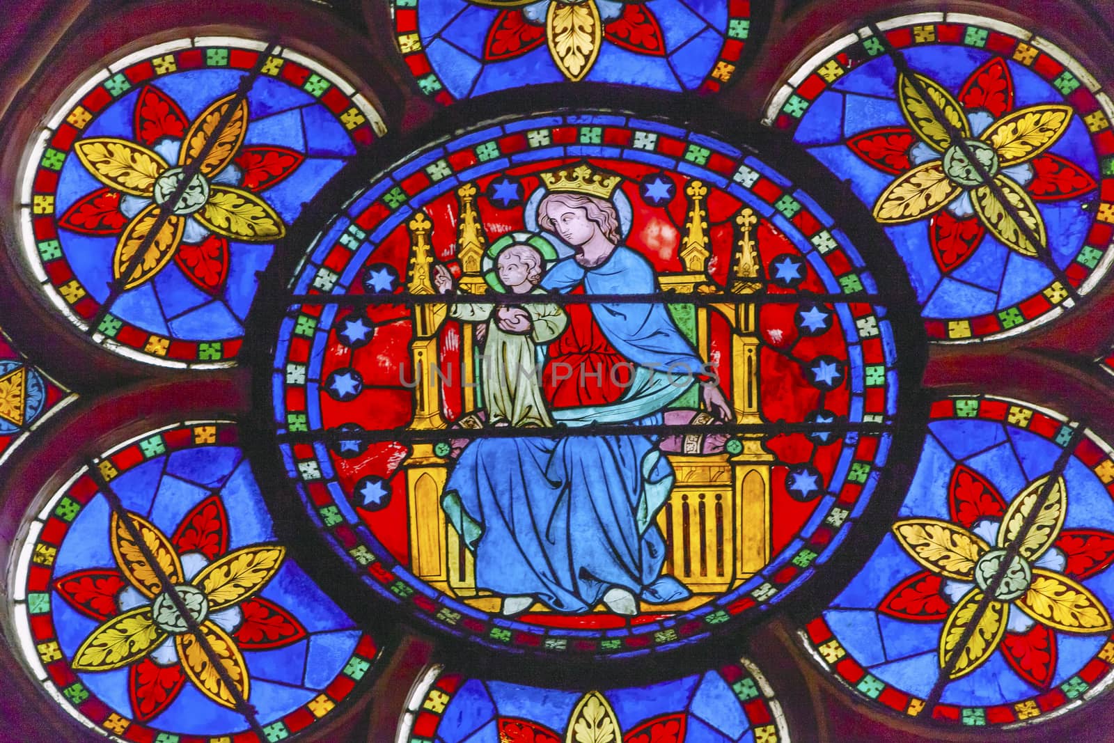 Virgin Mary Jesus Christ Stained Glass Notre Dame Cathedral Paris France.  Notre Dame was built between 1163 and 1250AD.  