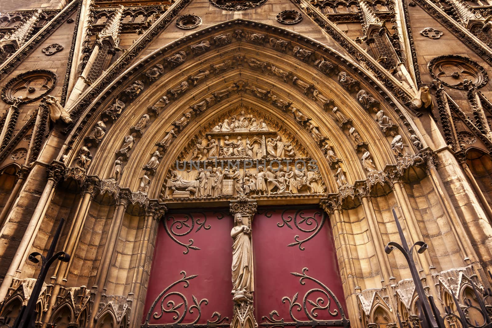 Biblical Statues Cloisters Door Notre Dame Cathedral Paris France.  Notre Dame was built between 1163 and 1250AD.  