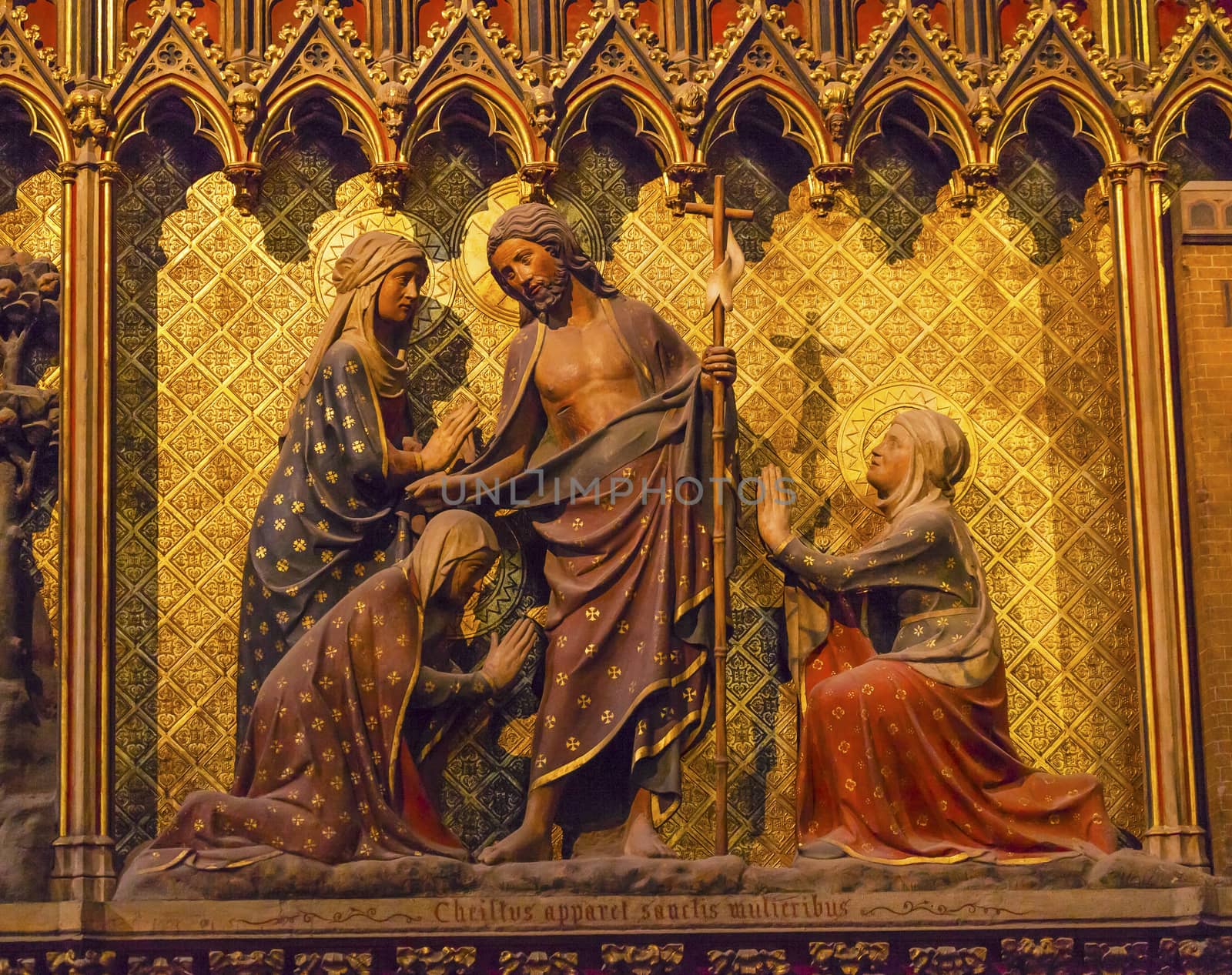 Women Praying Jesus Christ Wooden Panel Statues Sculpture Notre Dame Cathedral Paris France.  Notre Dame was built between 1163 and 1250AD.  