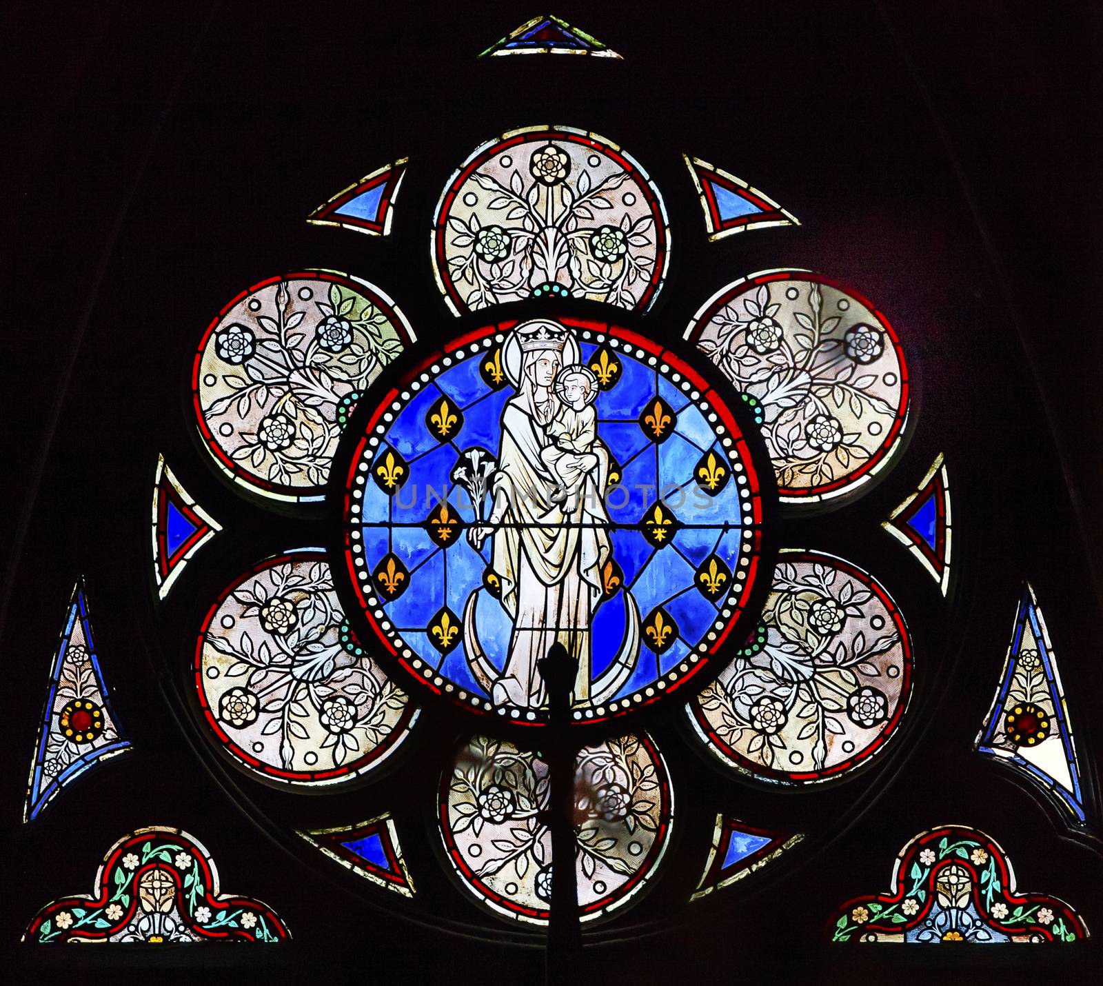 White Mary Jesus Christ Stained Glass Notre Dame Cathedral Paris France.  Notre Dame was built between 1163 and 1250AD.  
