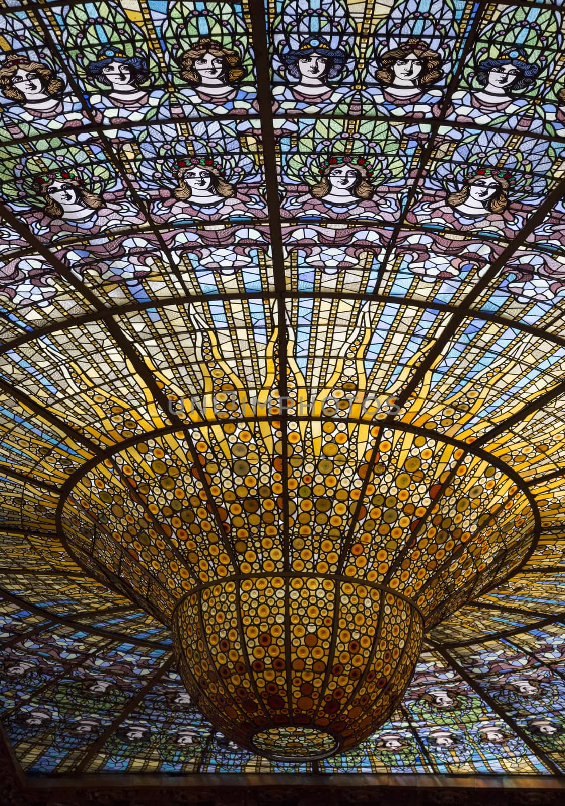 Barcelona, Spain - September 22, 2015: Glass stained dome, Palau de la Musica Catalana was built in 1908 for the Orfeo Catala choral society, a focus of Catalan nationalism.