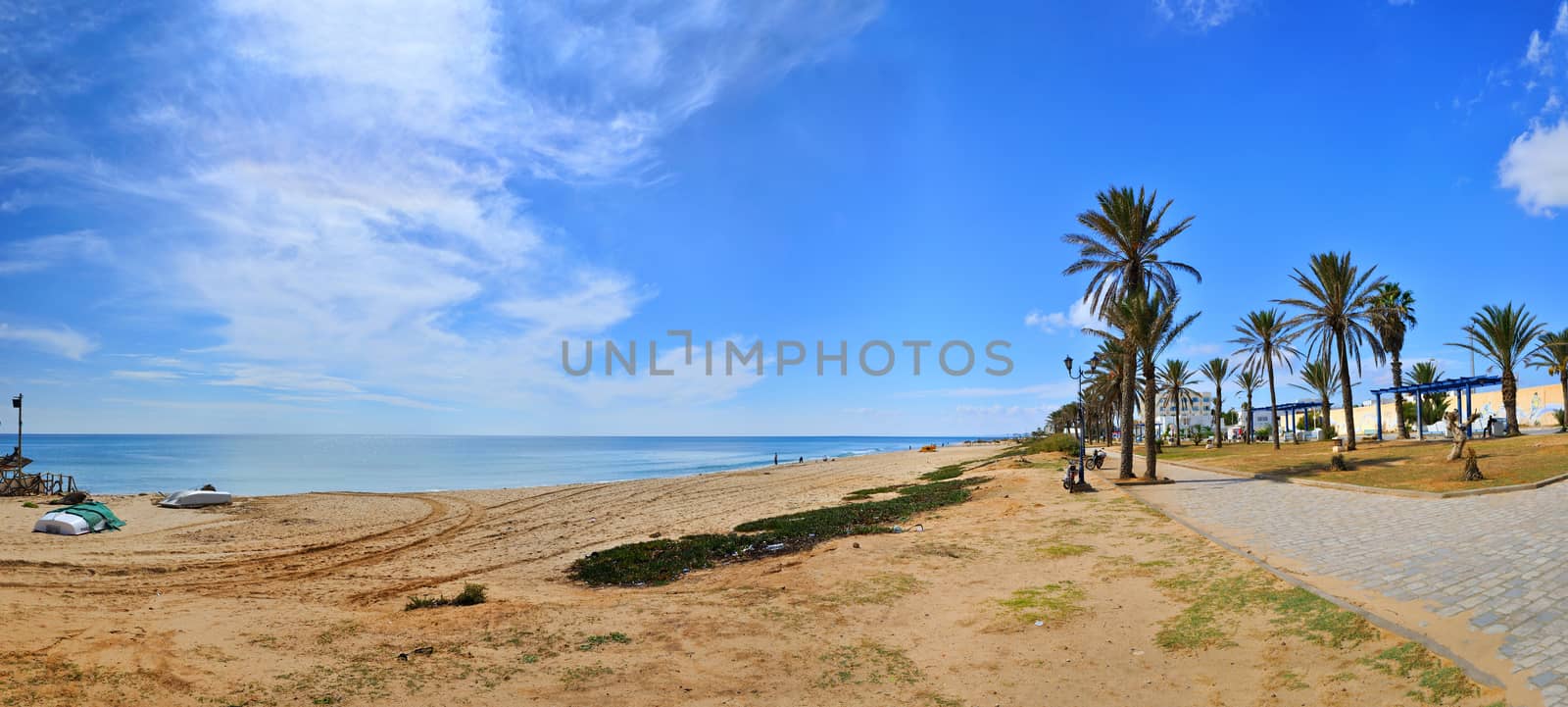 Sunny beach, Hammamet in Tunisia near Mediterranean Sea, Africa, HDR Panorama