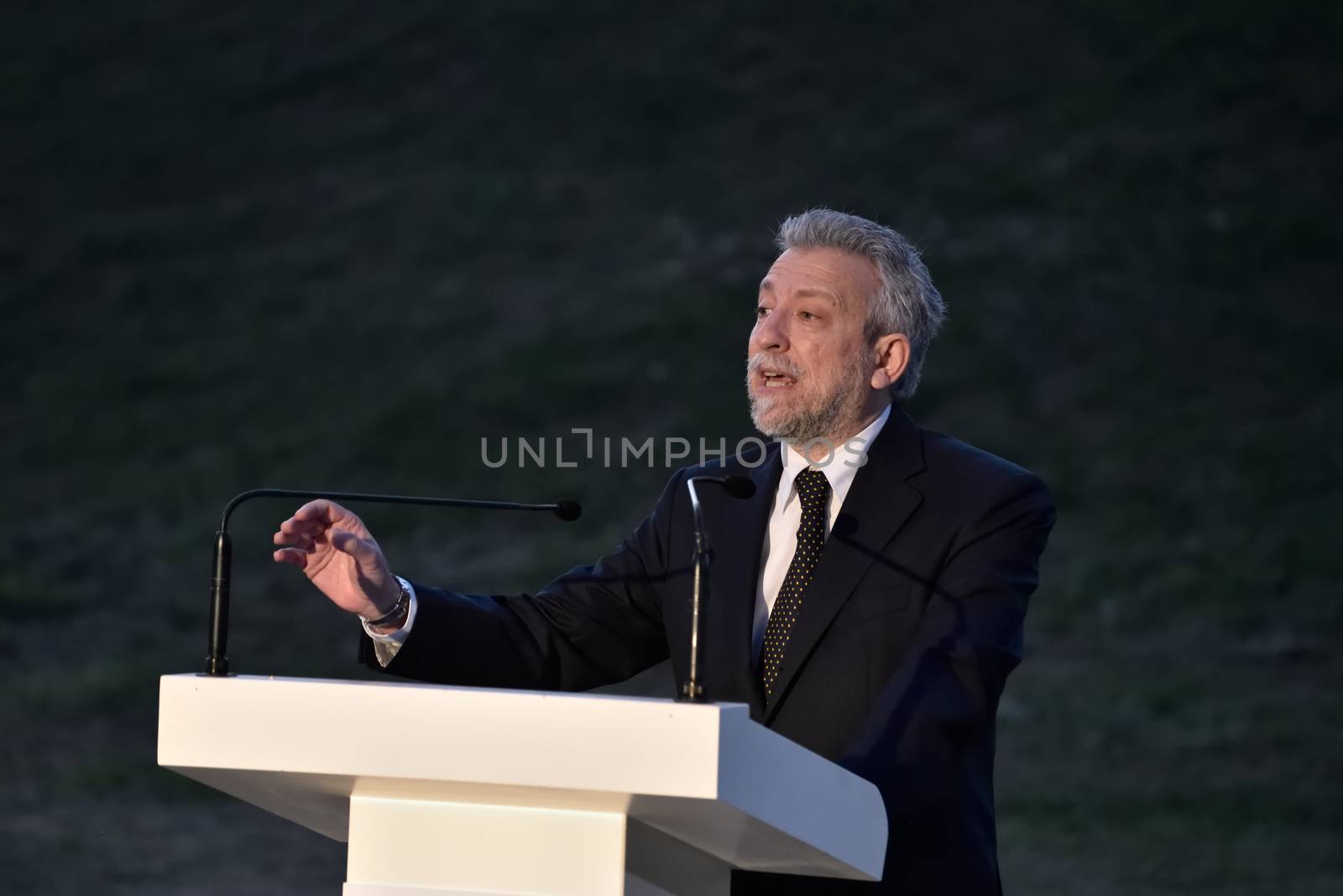 GREECE, Athens: Deputy Minister for Sport Stavros Kontonis  speaks during the Ceremony of the Lighting of the Marathon Flame at the Marathon Tomb in Athens, Greece, on November 7, 2015.