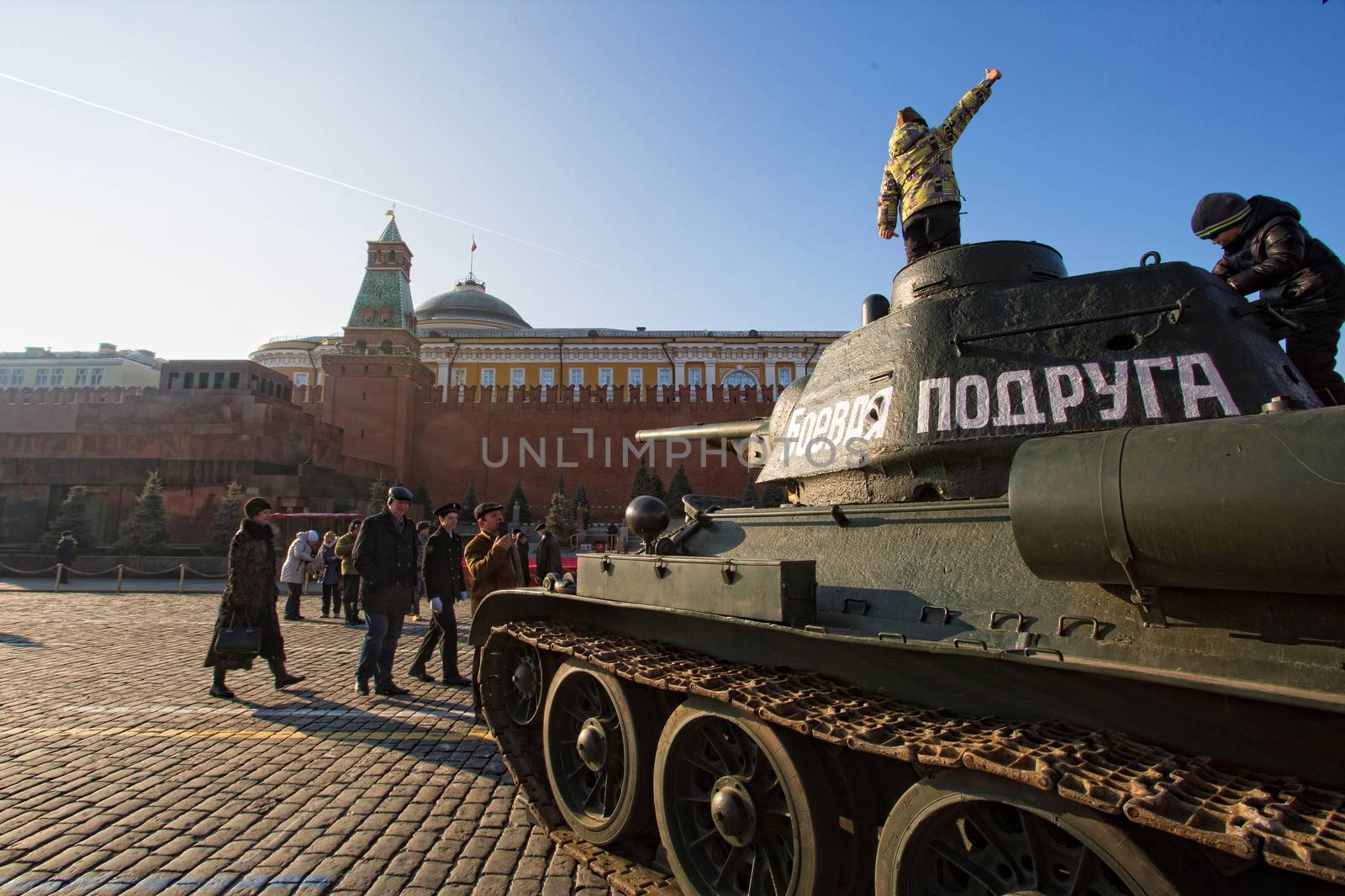 RUSSIA, Moscow: A tank is seen on the Red Square during a parade in commemoration of the historical 1941 military parade in Moscow, Russia, on November 7, 2015. 