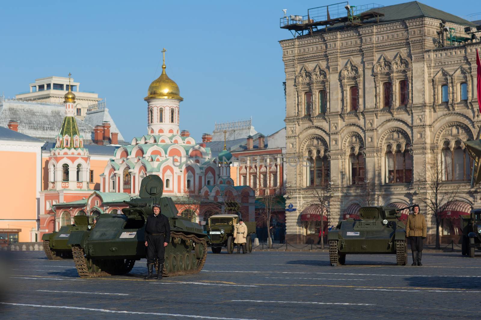 RUSSIA, Moscow: Military vehicles are seen on the Red Square during a parade in commemoration of the historical 1941 military parade in Moscow, Russia, on November 7, 2015. 