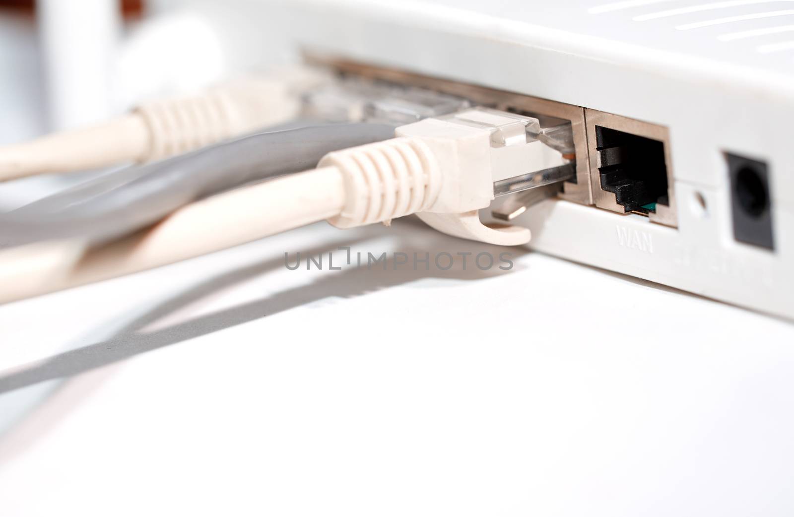 Network modem with cables. Close-up horizontal photo