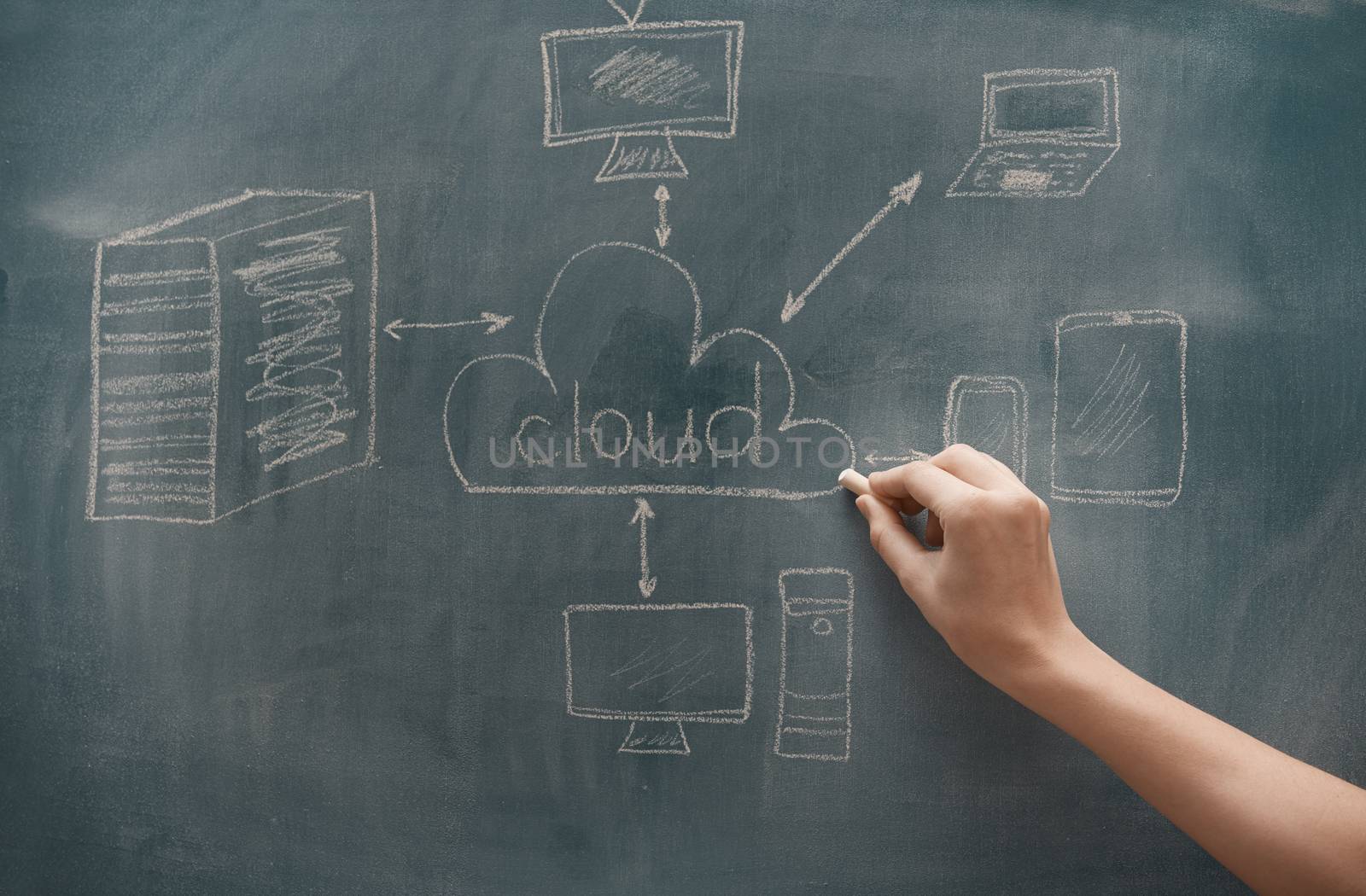 Hand of human making chalk drawing of Internet communication scheme